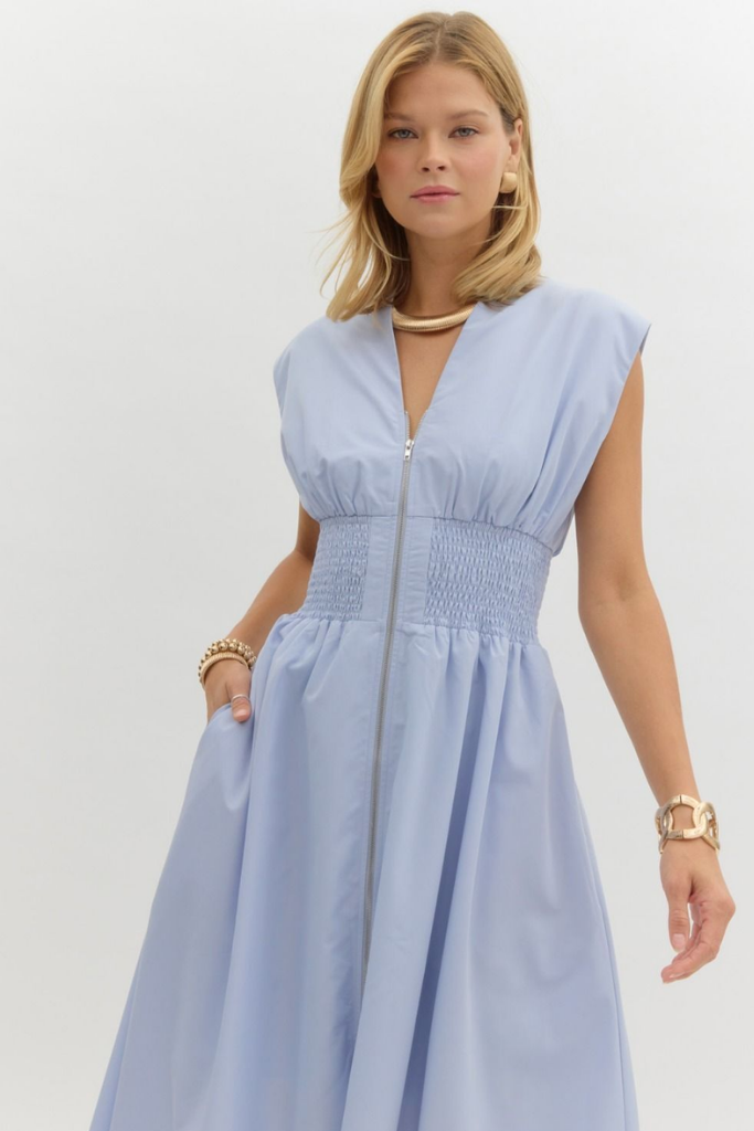 Elizabeth Zip Front Midi Dress in Baby Blue