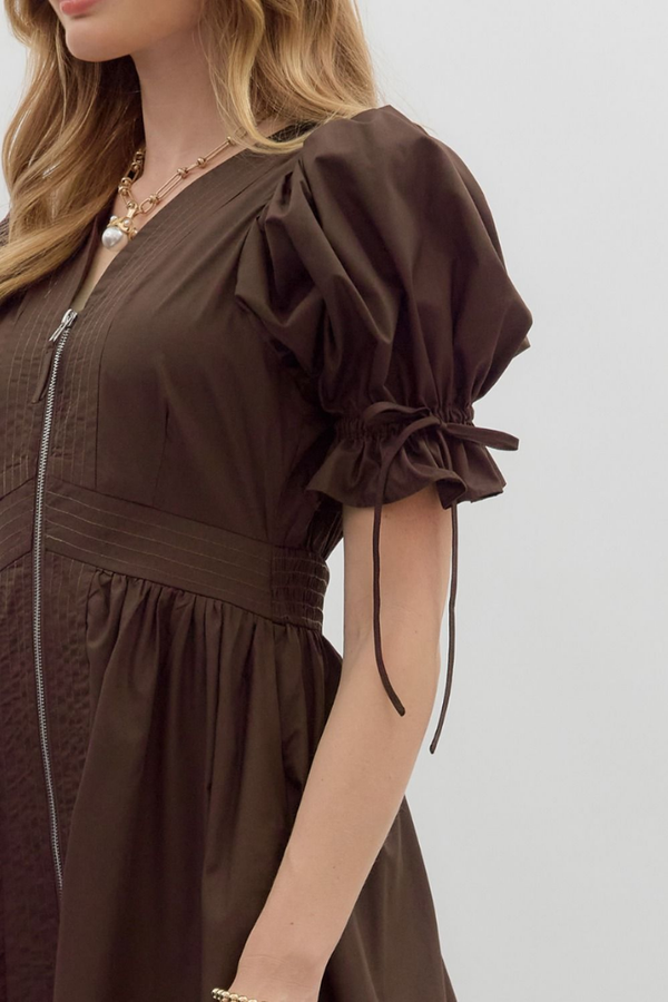 Elizabeth Crochet Trim Zip Front Midi Dress in Brown