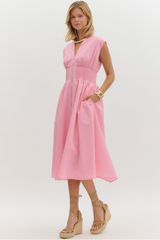 Elizabeth Zip Front Midi Dress in Baby Pink