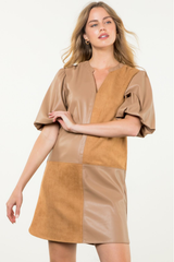 Emily Vegan Leather Checkered Mini Dress in Camel