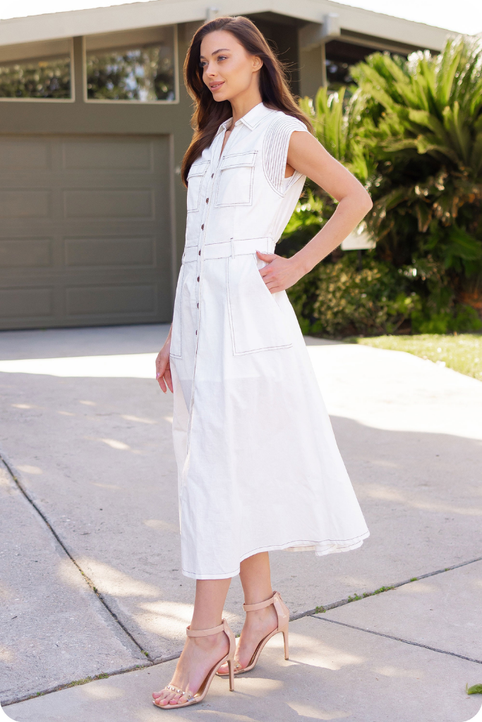 Cami Sleeveless Midi Dress in Off White