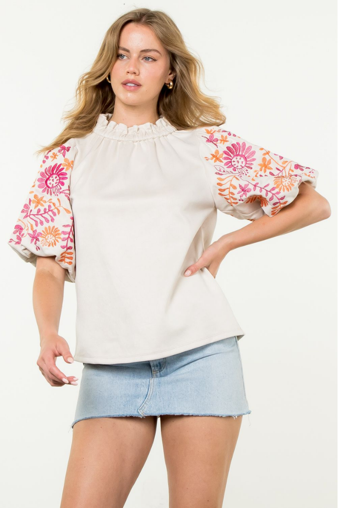 Evelyn Floral Embroidered Suede Top