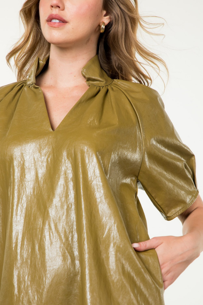 Honeycrisp Pleather Mini Dress in Olive