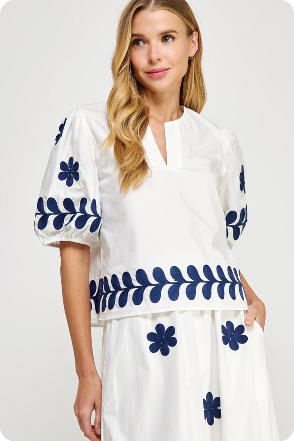 Rosie Floral Embroidered Top in Off White Navy