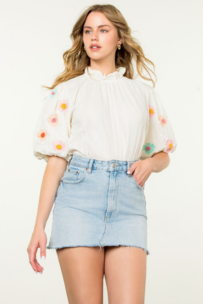 Alma Floral Embroidered Puff Sleeve Top