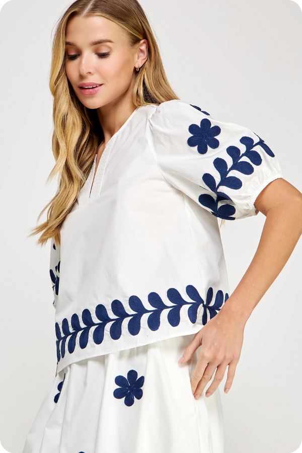 Rosie Floral Embroidered Top in Off White Navy