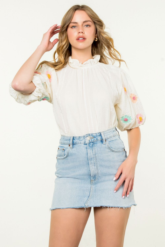 Alma Floral Embroidered Puff Sleeve Top