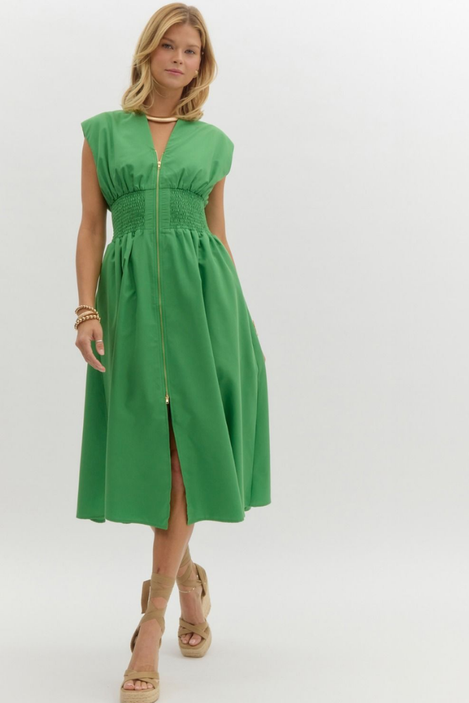 Elizabeth Zip Front Midi Dress in Green