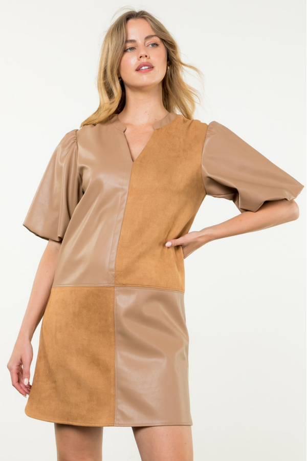 Emily Vegan Leather Checkered Mini Dress in Camel