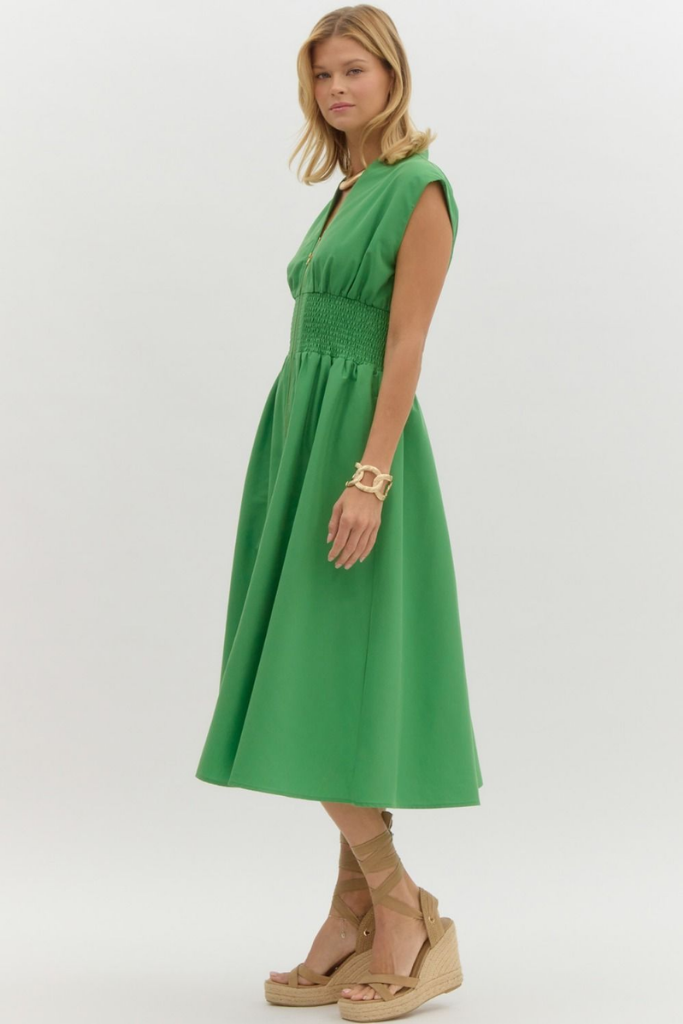 Elizabeth Zip Front Midi Dress in Green