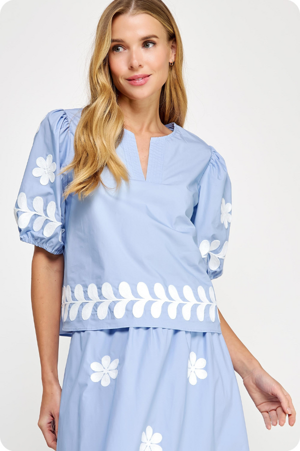 Rosie Floral Embroidered Top in Chambray White