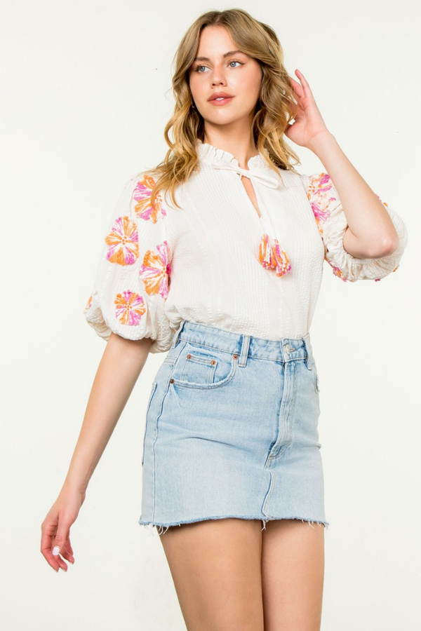 Jade Embroidered Puff Sleeve Top