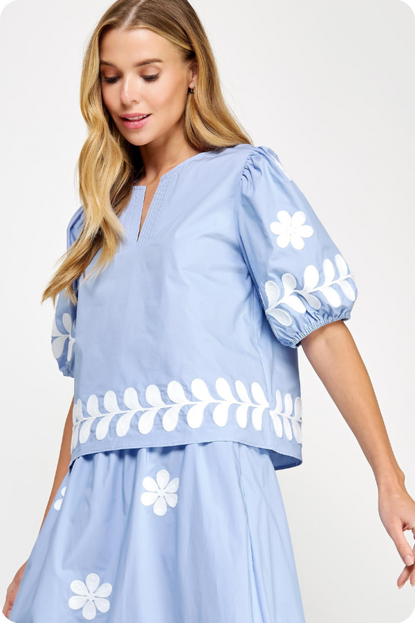 Rosie Floral Embroidered Top in Chambray White