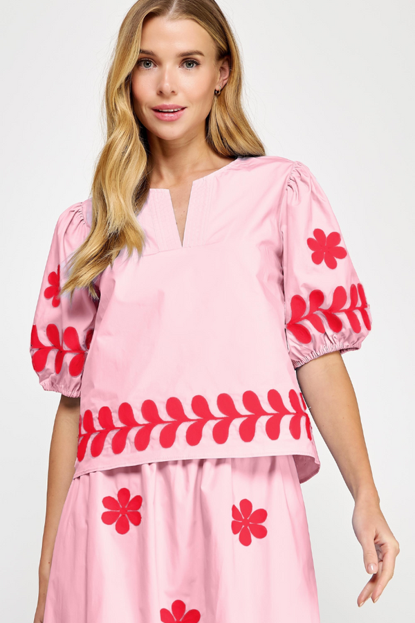Rosie Floral Embroidered Top in Pink Red