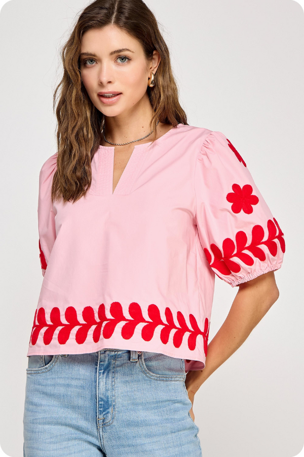 Rosie Floral Embroidered Top in Pink Red