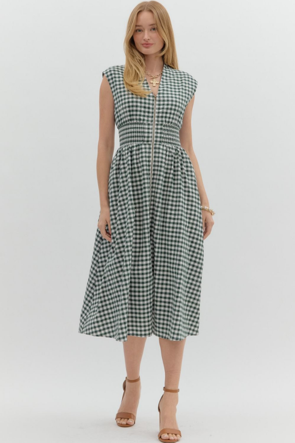 Elizabeth Gingham Zip Front Midi Dress Julie's Clothing Elizabeth Gingham Zip Front Midi Dress Julie's Clothing