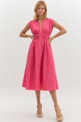 Elizabeth Zip Front Midi Dress in Magenta