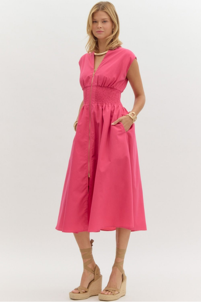 Elizabeth Zip Front Midi Dress in Magenta