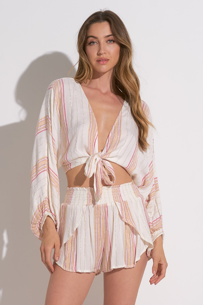 Blossom Gauze Stripe Tie Front Top in White Pink