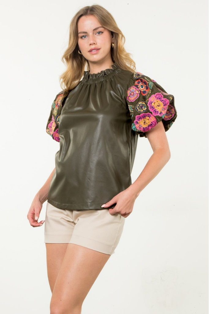 Annie Floral Embroidered Vegan Leather Top