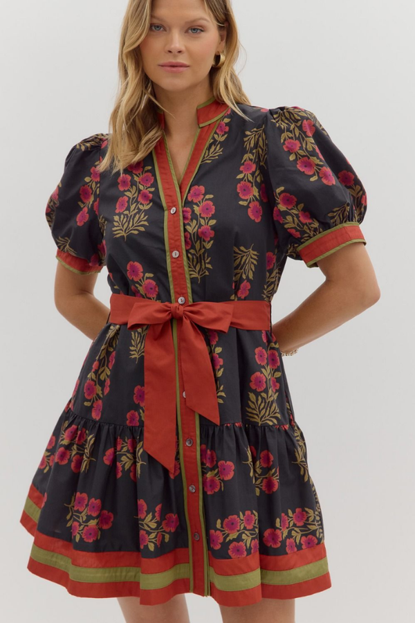 Rosalie Floral Tie Waist Mini Dress in Black