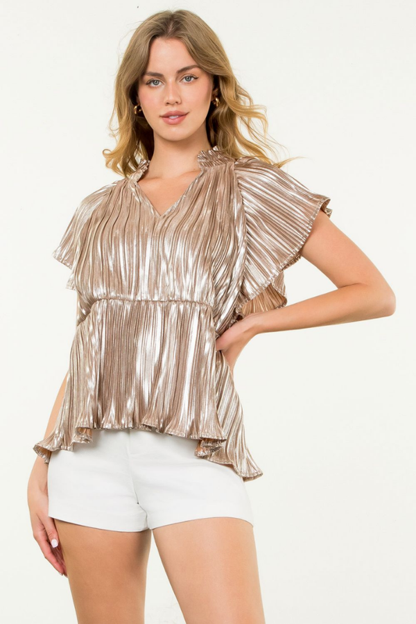 Cora Metallic Pleated Top