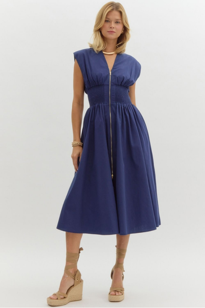 Elizabeth Zip Front Midi Dress in Navy