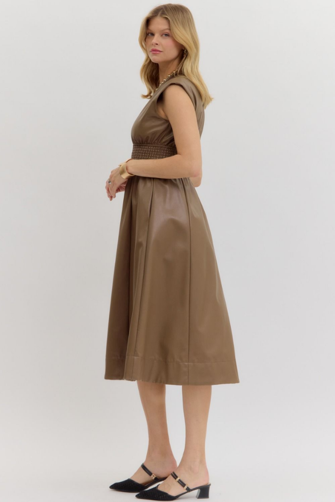 Elizabeth Vegan Leather Zip Front Midi Dress in Mocha