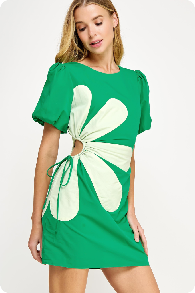 Junie Daisy Puff Sleeve Mini Dress in Emerald