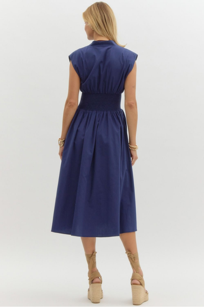 Elizabeth Zip Front Midi Dress in Navy