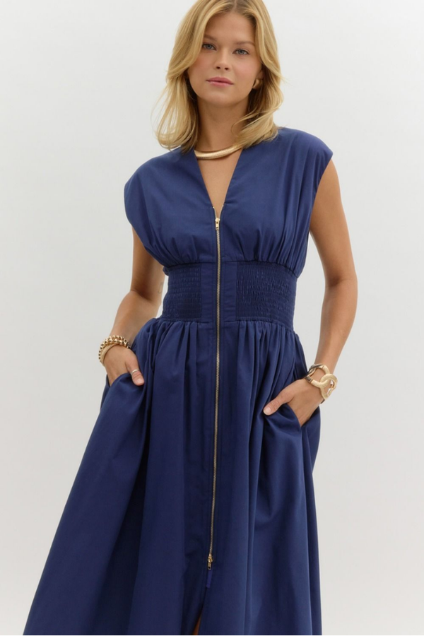 Elizabeth Zip Front Midi Dress in Navy