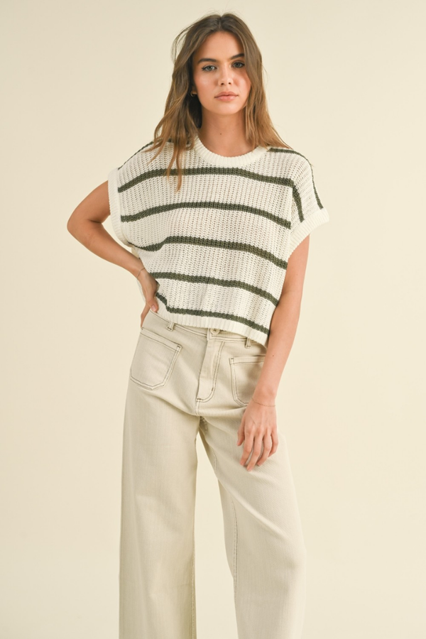 Maggie Stripe Cap Sleeve Sweater in Olive Stripe