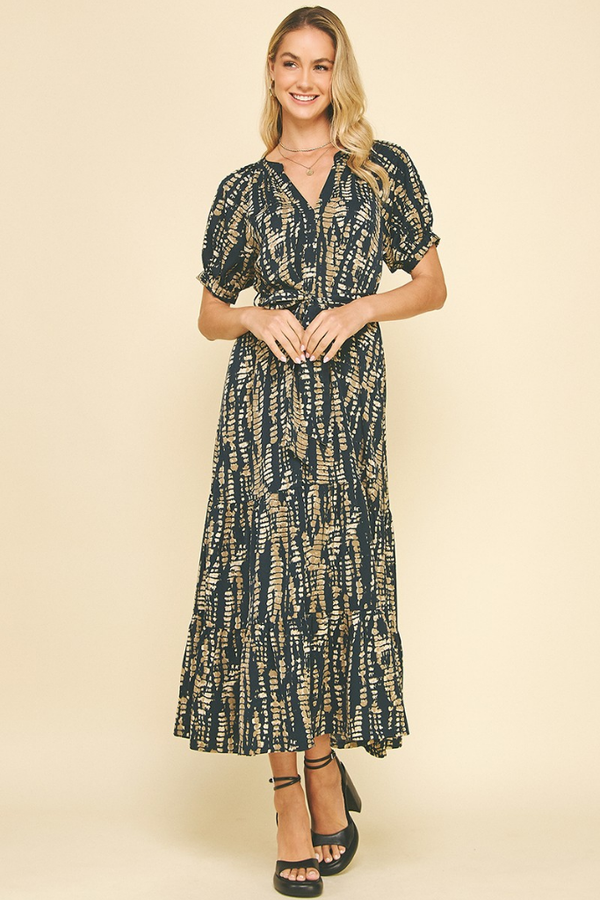 Daphne Printed Midi Dress in Navy
