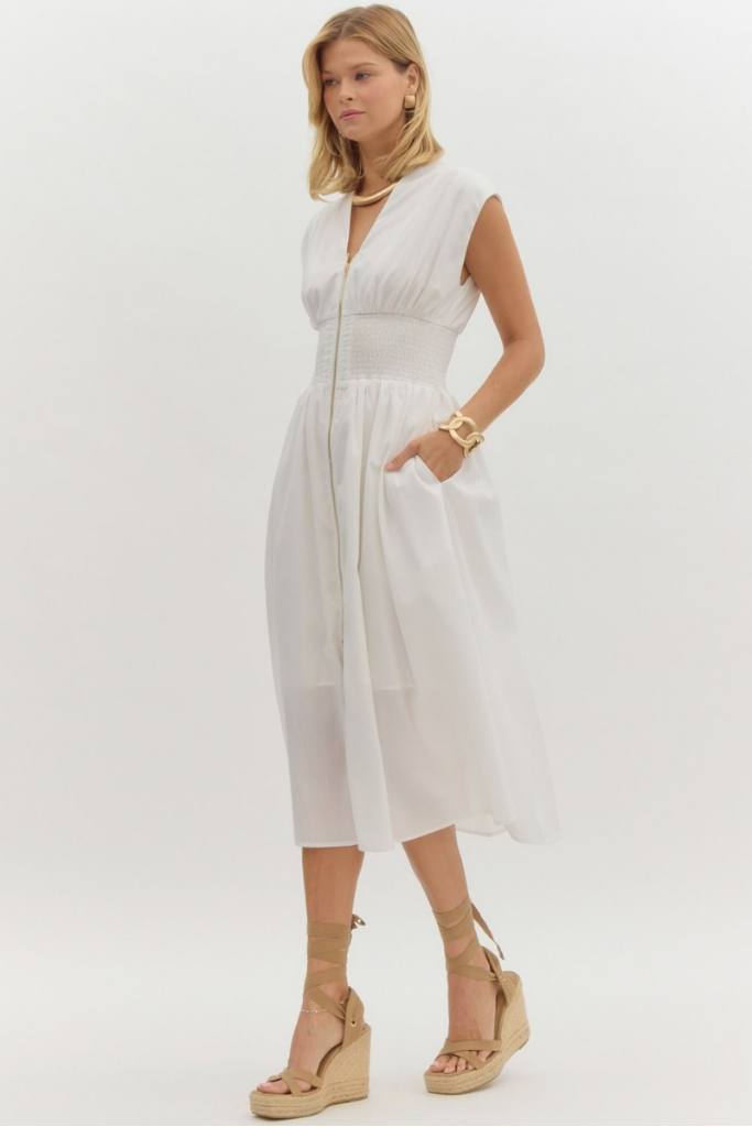 Elizabeth Zip Front Midi Dress in Off White