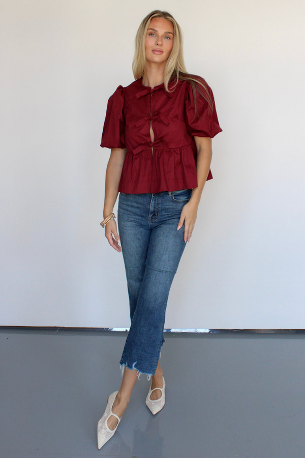 Emma Tie Front Top In Burgundy