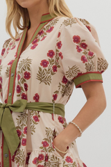 Rosalie Floral Tie Waist Mini Dress in Ecru