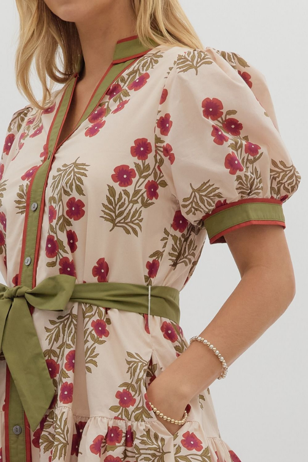 Rosalie Floral Tie Waist Mini Dress in Ecru
