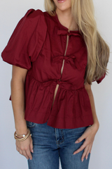 Emma Tie Front Top In Burgundy