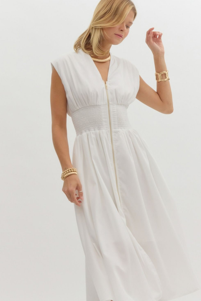 Elizabeth Zip Front Midi Dress in Off White