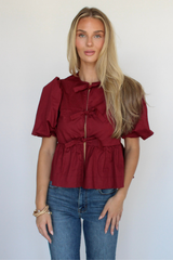 Emma Tie Front Top In Burgundy