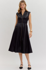 Elizabeth Vegan Leather Zip Front Midi Dress Black