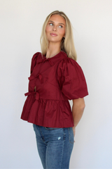 Emma Tie Front Top In Burgundy