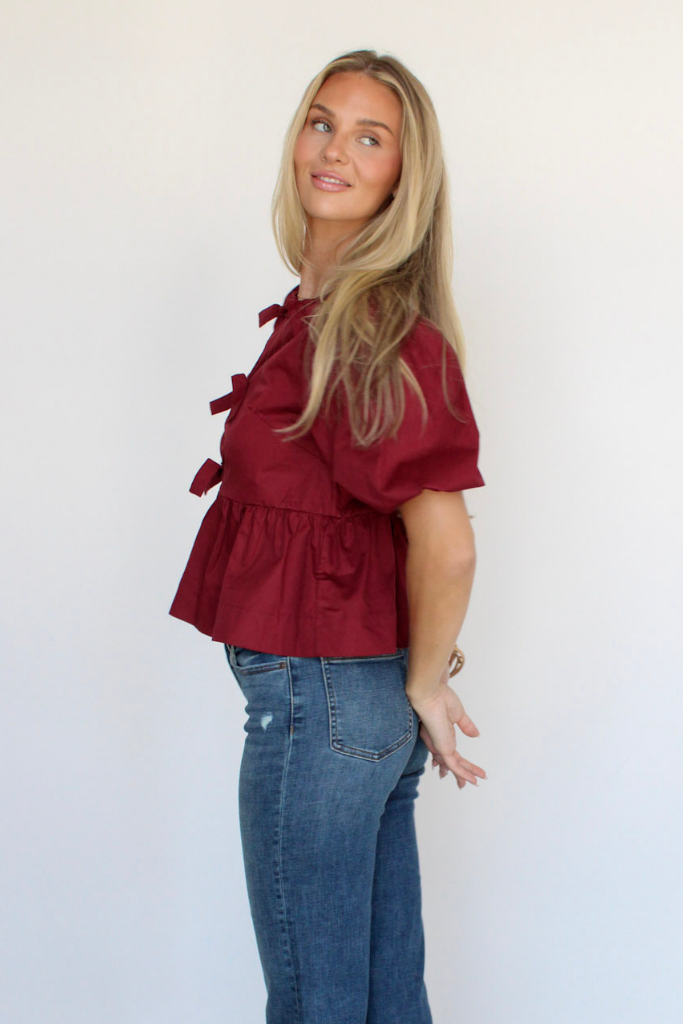 Emma Tie Front Top In Burgundy