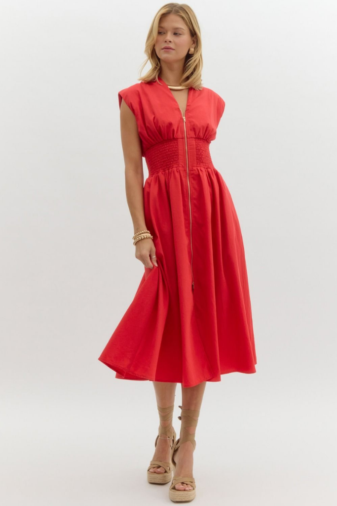 Elizabeth Zip Front Midi Dress in Red