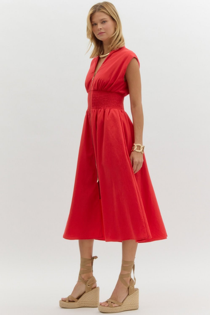 Elizabeth Zip Front Midi Dress in Red