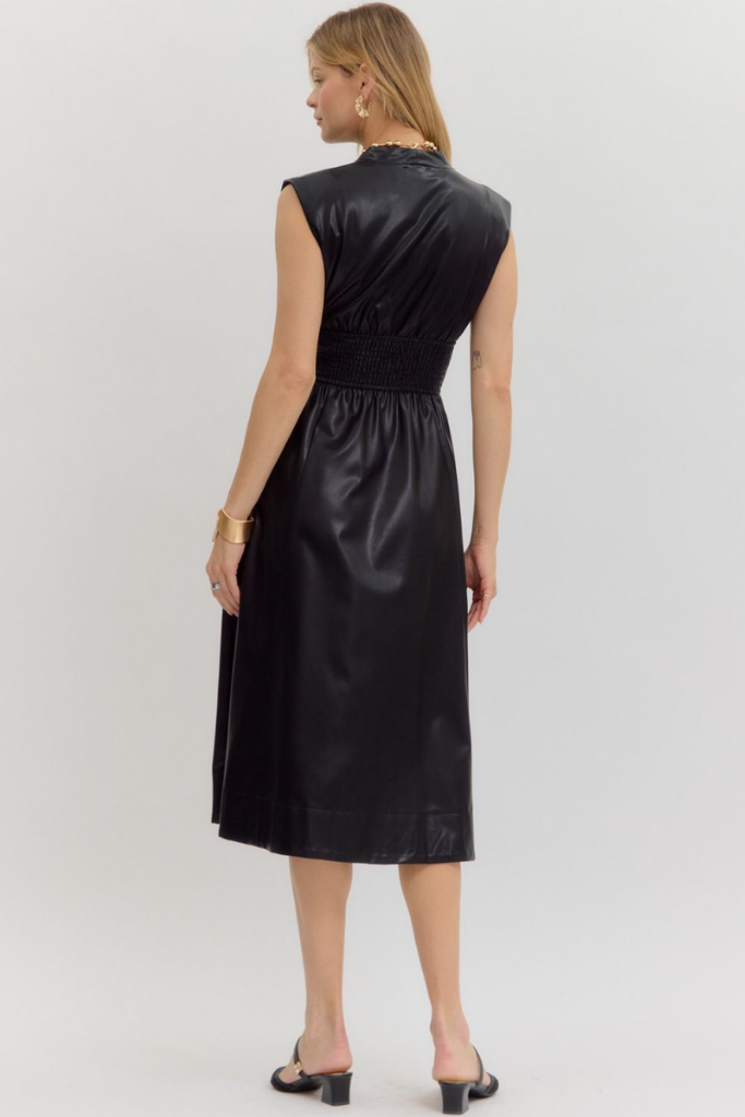 Elizabeth Vegan Leather Zip Front Midi Dress Black