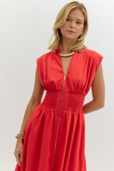 Elizabeth Zip Front Midi Dress in Red