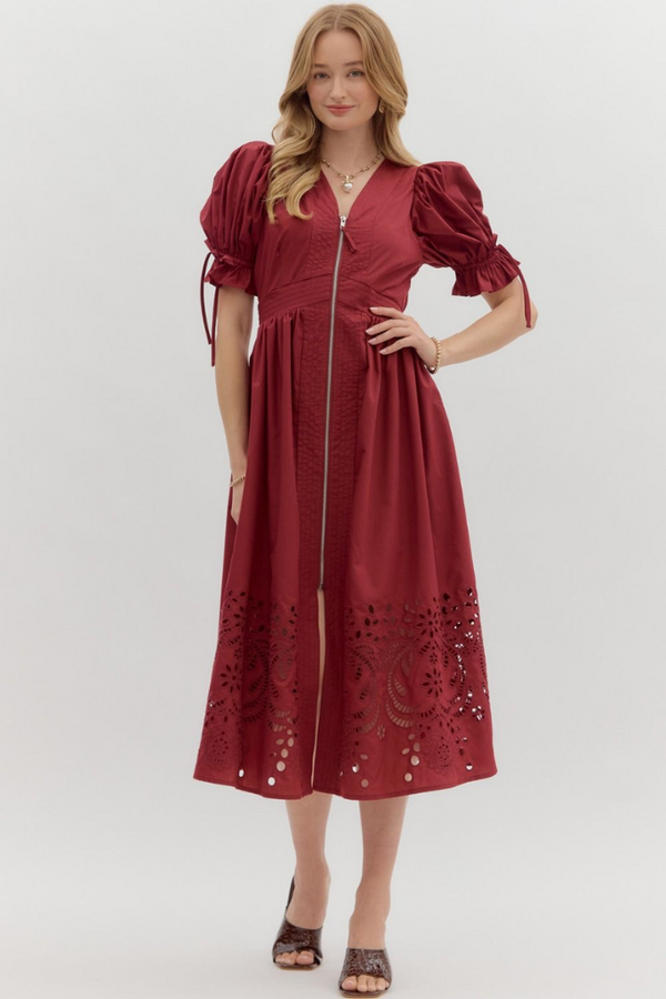 Elizabeth Crochet Trim Zip Front Midi Dress in Garnet