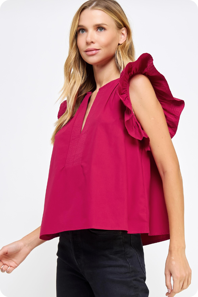 Magnolia Flutter Sleeve Top in Burgundy