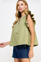 Magnolia Flutter Sleeve Top in Olive